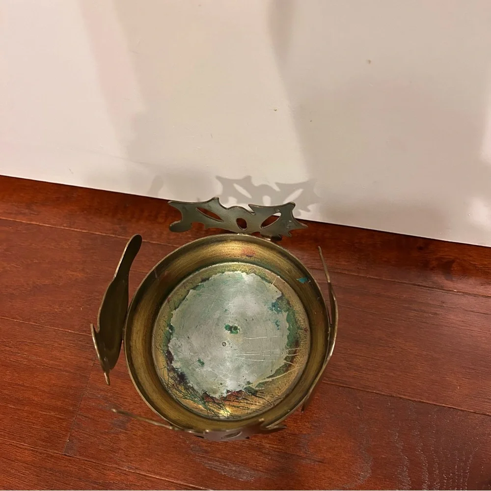 Vintage Brass Birds Flower Pedestal Decorative Tray Candle Holder Cutout Rim